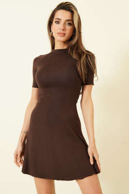 Kısa Kol Likralı Mini Elbise Kahve - Kadın Giyim Modelleri