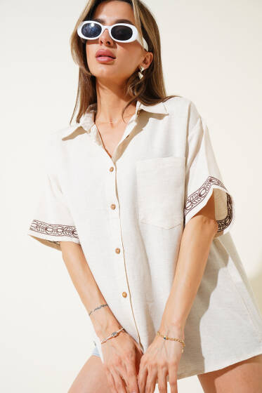 Kısa Kol Nakışlı Cepli Gömlek Taş - Kadın Giyim Modelleri