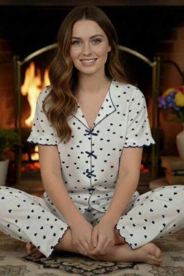 Kısa Kol Önü Kurdeleli Pijama Takımı Lacivert - Pijama