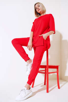 Kısa Kol Salaş İkili Takım Kırmızı - Kadın Giyim Modelleri