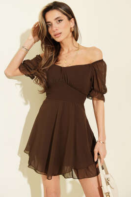 Kısa Kol Şifon Mini Elbise Kahve - Kadın Giyim Modelleri