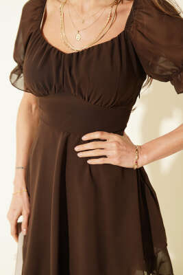 Kısa Kol Şifon Mini Elbise Kahve - Kadın Giyim Modelleri