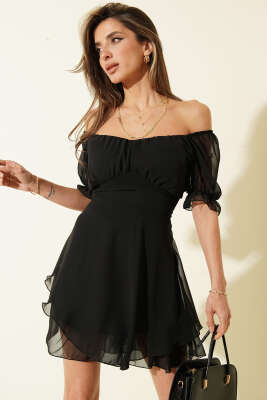 Kısa Kol Şifon Mini Elbise Siyah - CALİENTE