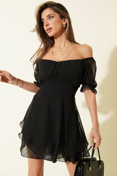 Kısa Kol Şifon Mini Elbise Siyah - Kadın Giyim Modelleri