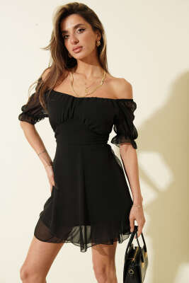 Kısa Kol Şifon Mini Elbise Siyah - Kadın Giyim Modelleri