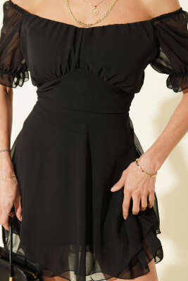 Kısa Kol Şifon Mini Elbise Siyah - Kadın Giyim Modelleri