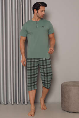 Kısa Kol Yarım Düğmeli Erkek Pijama Takım Yeşil - Thumbnail