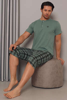 Kısa Kol Yarım Düğmeli Erkek Pijama Takım Yeşil - Thumbnail
