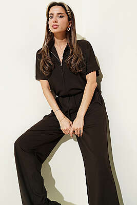 Kısa Kollu Bel Lastikli İkili Takım Acı Kahve - HELLIE