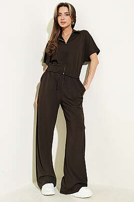 Kısa Kollu Bel Lastikli İkili Takım Acı Kahve - Kadın Giyim Modelleri