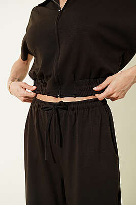 Kısa Kollu Bel Lastikli İkili Takım Acı Kahve - Kadın Giyim Modelleri