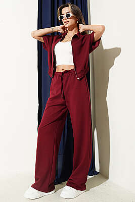 Kısa Kollu Bel Lastikli İkili Takım Bordo - HELLIE