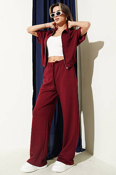 Kısa Kollu Bel Lastikli İkili Takım Bordo - Kadın Giyim Modelleri