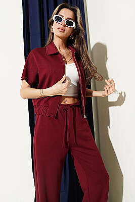 Kısa Kollu Bel Lastikli İkili Takım Bordo - Kadın Giyim Modelleri