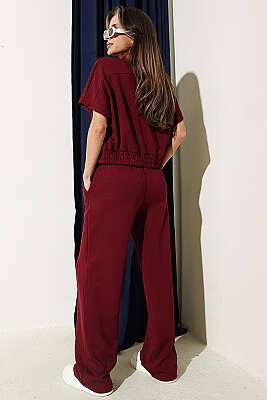 Kısa Kollu Bel Lastikli İkili Takım Bordo - Kadın Giyim Modelleri