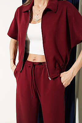 Kısa Kollu Bel Lastikli İkili Takım Bordo - Kadın Giyim Modelleri