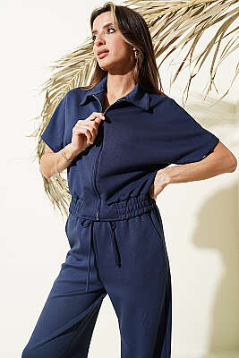 Kısa Kollu Bel Lastikli İkili Takım Lacivert - Kadın Giyim Modelleri