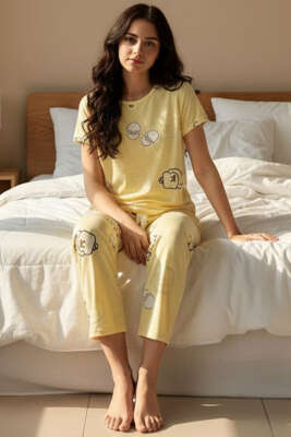 Kısa Kollu Bisiklet Yaka Desenli Pijama Takımı Asorti 1 - HEPYEK BASIC