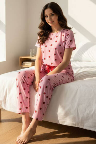 Kısa Kollu Bisiklet Yaka Desenli Pijama Takımı Asorti 13 - Kadın Pijama Takımı