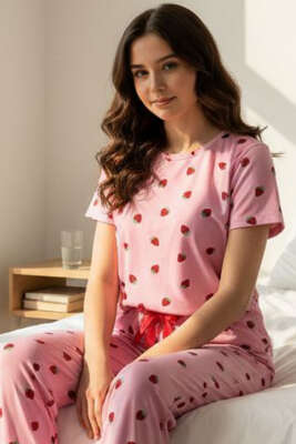 Kısa Kollu Bisiklet Yaka Desenli Pijama Takımı Asorti 13 - Pijama