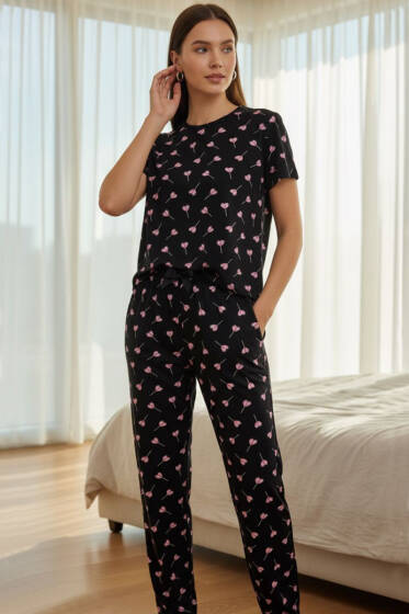 Kısa Kollu Bisiklet Yaka Desenli Pijama Takımı Asorti 2 - Kadın Pijama Takımı