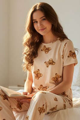 Kısa Kollu Bisiklet Yaka Desenli Pijama Takımı Asorti 3 - Kadın Pijama Takımı