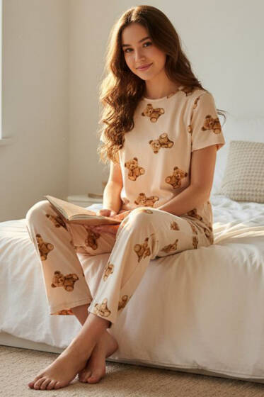 Kısa Kollu Bisiklet Yaka Desenli Pijama Takımı Asorti 3 - Yılın Fırsatı