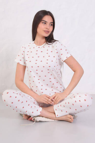 Kısa Kollu Bisiklet Yaka Desenli Pijama Takımı Asorti 4 - Yılın Fırsatı