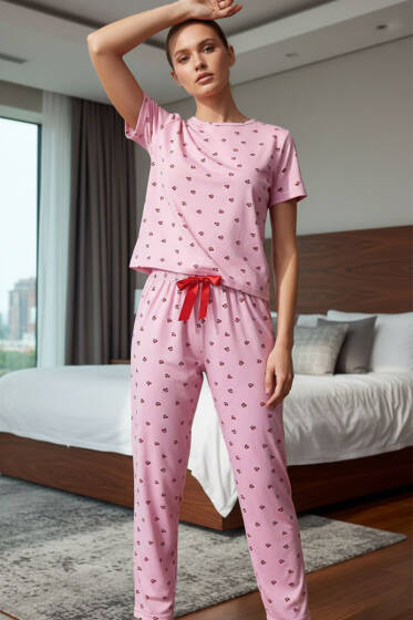Kısa Kollu Bisiklet Yaka Desenli Pijama Takımı Asorti 5 - Yılın Fırsatı