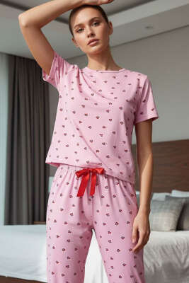 Kısa Kollu Bisiklet Yaka Desenli Pijama Takımı Asorti 5 - Yılın Fırsatı