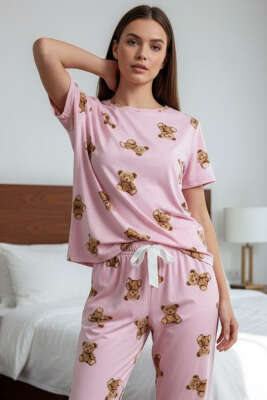 Kısa Kollu Bisiklet Yaka Desenli Pijama Takımı Asorti 6 - Kadın Pijama Takımı