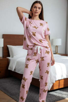 Kısa Kollu Bisiklet Yaka Desenli Pijama Takımı Asorti 6 