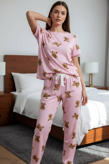 Kısa Kollu Bisiklet Yaka Desenli Pijama Takımı Asorti 6 - Yılın Fırsatı