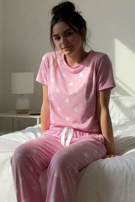 Kısa Kollu Bisiklet Yaka Desenli Pijama Takımı Asorti 7 - Kadın Pijama Takımı