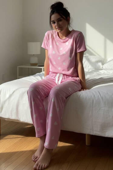 Kısa Kollu Bisiklet Yaka Desenli Pijama Takımı Asorti 7 - Yılın Fırsatı