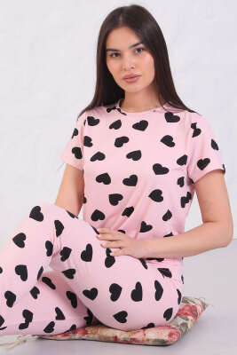 Kısa Kollu Bisiklet Yaka Desenli Pijama Takımı Asorti 8 - Kadın Pijama Takımı