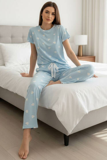 Kısa Kollu Bisiklet Yaka Desenli Pijama Takımı Asorti 9 - Kadın Pijama Takımı