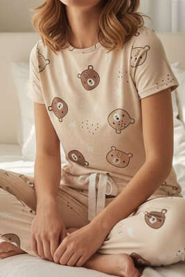 Kısa Kollu Bisiklet Yaka Desenli Pijama Takımı Asorti Asorti 12 - Kadın Pijama Takımı