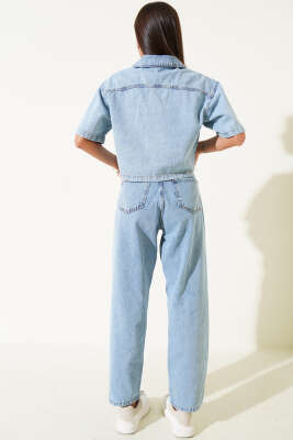 Kısa Kollu Ceketli Kot İkili Takım Açık Mavi - Kadın Giyim Modelleri