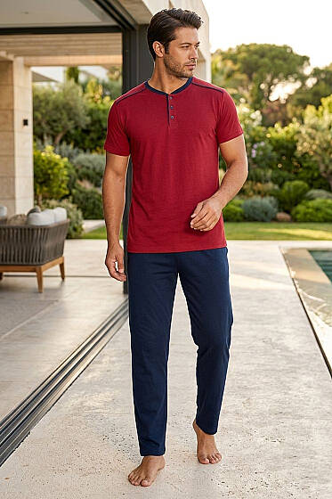 Kısa Kollu Düğmeli Erkek Pijama Takımı Bordo - Pijama
