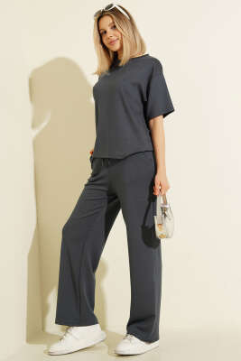 Kısa Kollu Loyşa T-shirt İkili Takım Füme - Kadın Giyim Modelleri