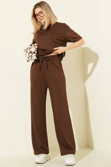 Kısa Kollu Loyşa T-shirt İkili Takım Kahve - Kadın Giyim Modelleri