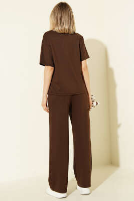 Kısa Kollu Loyşa T-shirt İkili Takım Kahve - Kadın Giyim Modelleri