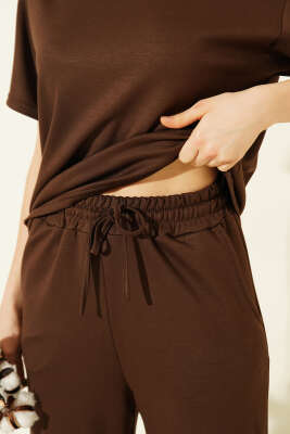 Kısa Kollu Loyşa T-shirt İkili Takım Kahve - Kadın Giyim Modelleri