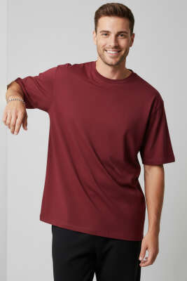 Kısa Kollu Oversize Erkek Tişört Bordo 