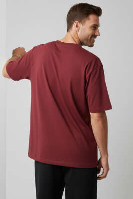 Kısa Kollu Oversize Erkek Tişört Bordo - Erkek T-shirt