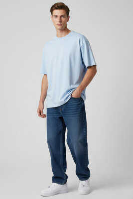 Kısa Kollu Oversize Erkek Tişört Buz Mavisi - Erkek T-shirt