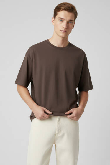 Kısa Kollu Oversize Erkek Tişört Kahve - Erkek T-shirt