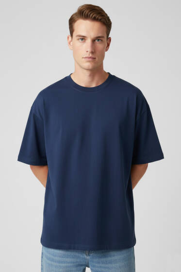 Kısa Kollu Oversize Erkek Tişört Lacivert - Erkek T-shirt