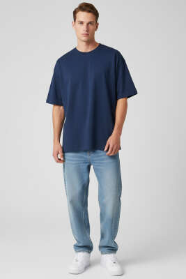 Kısa Kollu Oversize Erkek Tişört Lacivert - Erkek T-shirt